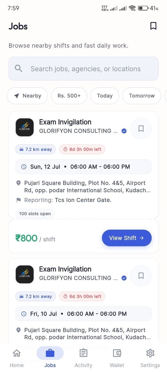 DutyKaro job feed screen