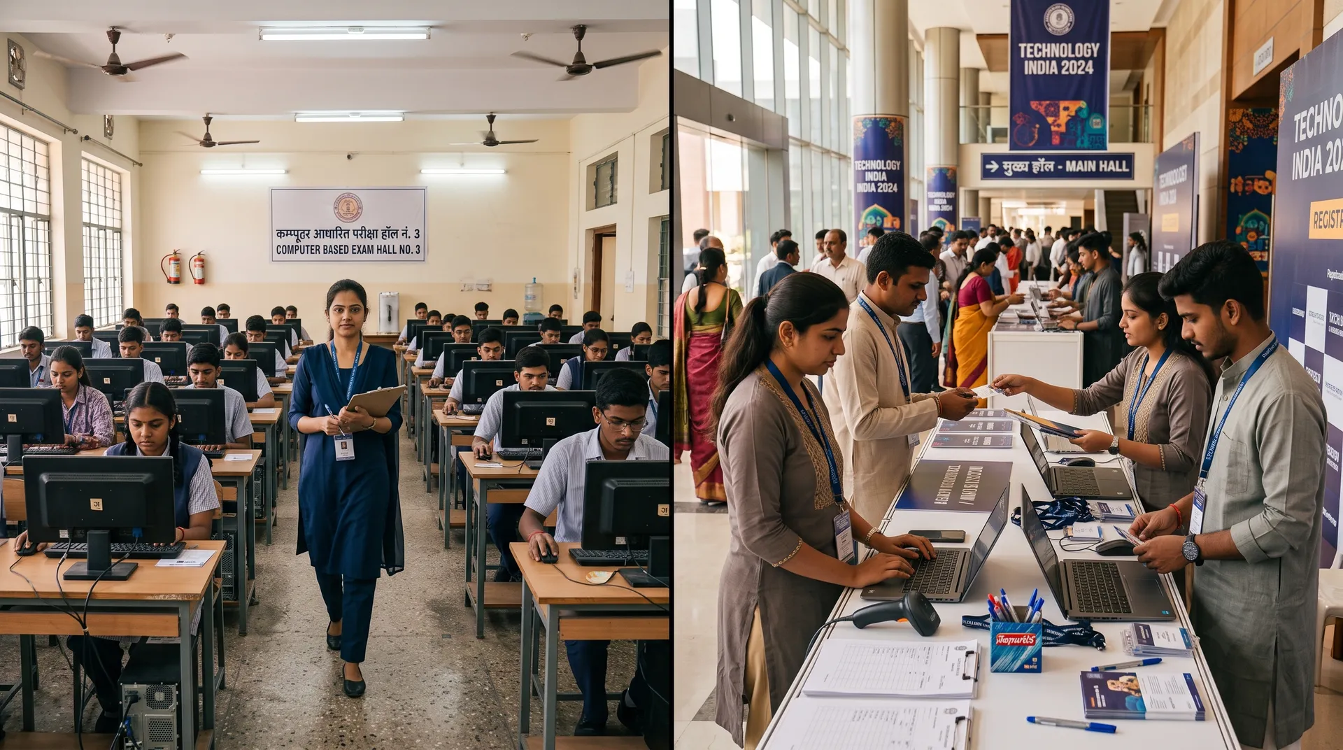 Exam invigilator in a computer-based exam hall and event staff at a conference registration desk
