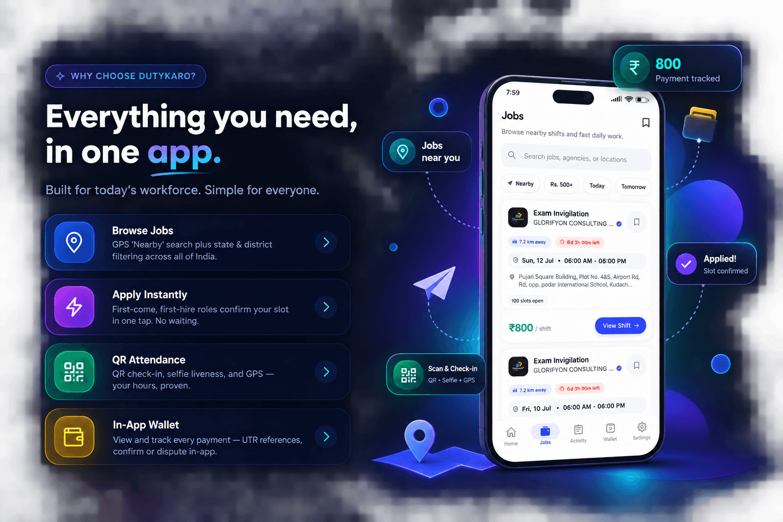 DutyKaro app showing Browse Jobs, Apply Instantly, QR Attendance and In-App Wallet features on the jobs screen